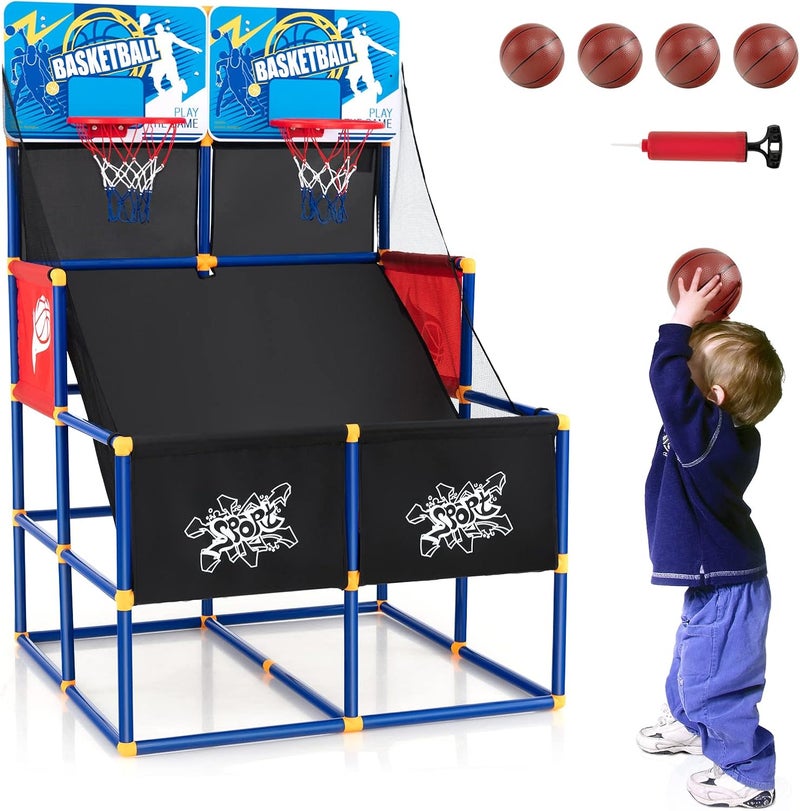 GYMAX Basketball Arcade Game Indoor, Double Shot Basketball Hoop Indoor with 4 Balls & Hand Pump, Mini Basketball Hoop for Kids Toddlers, Basketball Game Toys for Girls Boys - Image 1